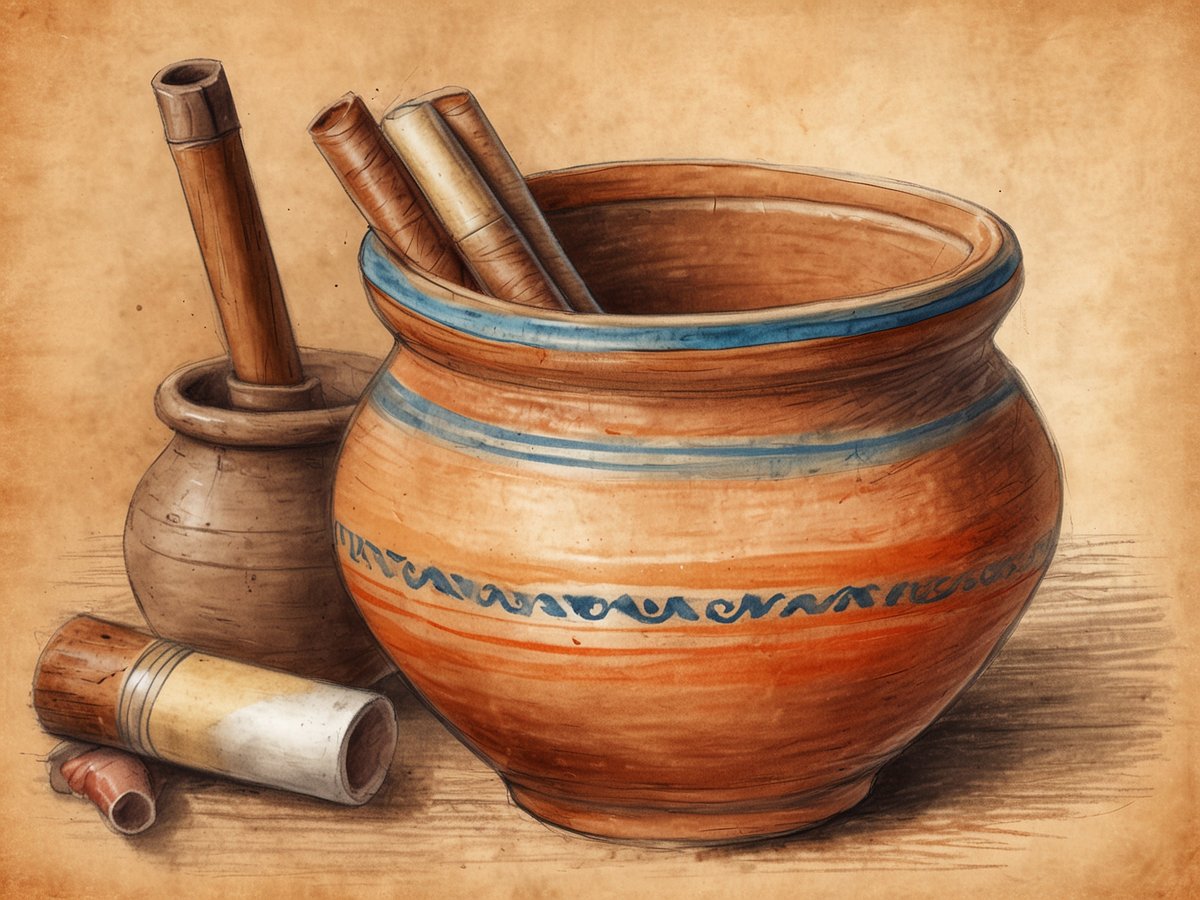 Auf dem Bild sind traditionelle Keramiken aus Condega zu sehen. Im Vordergrund steht eine große, ovale Tonvase mit blauen und orangenen Verzierungen. Aus dieser Vase ragen mehrere schmale, zylindrische Gegenstände heraus, die wahrscheinlich aus Holz sind. Links davon steht eine kleinere, runde Tontasse. Daneben liegt ein Bündel mit verschiedenen zylindrischen, farbigen Rohren, die unterschiedlich lang sind und teilweise aus Holz oder Keramik bestehen. Der Hintergrund ist in sanften Erdtönen gehalten, was die traditionelle Handwerkskunst unterstreicht.