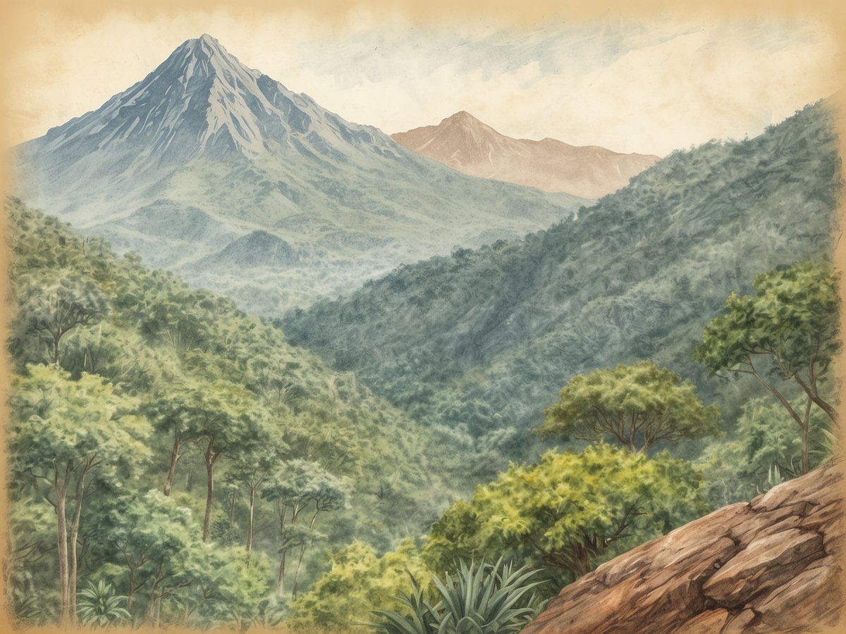 Die Darstellung zeigt die beeindruckende Landschaft des Reserva Natural Cerro Kilambé mit einem majestätischen Berg im Hintergrund, umgeben von dichtem, grünem Wald und sanften Hügeln. Im Vordergrund sind üppige Bäume und Pflanzen zu sehen, die die biologische Vielfalt des unberührten Bergwaldes symbolisieren. Der Himmel zeigt sich in sanften, hellen Tönen, während die Berge mit einer leichten Nebelstimmung versehen sind, was die friedliche und unberührte Natur der Region betont.