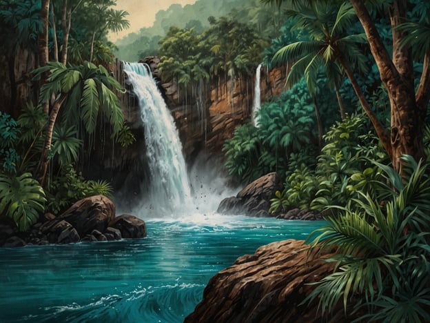 Auf dem Bild ist die atemberaubende Natur rund um den Rio Celeste zu sehen. Man erkennt einen malerischen Wasserfall, der in ein klares, turquoise Wasser plätschert, umgeben von üppigem Grün und tropischen Pflanzen. Die Felsformationen und die dichte Vegetation verleihen der Szenerie eine tropische und ruhige Atmosphäre. Die harmonische Verbindung zwischen Wasserfall und der natürlichen Umgebung schafft ein beeindruckendes Bild der Schönheit und Ruhe der Natur.