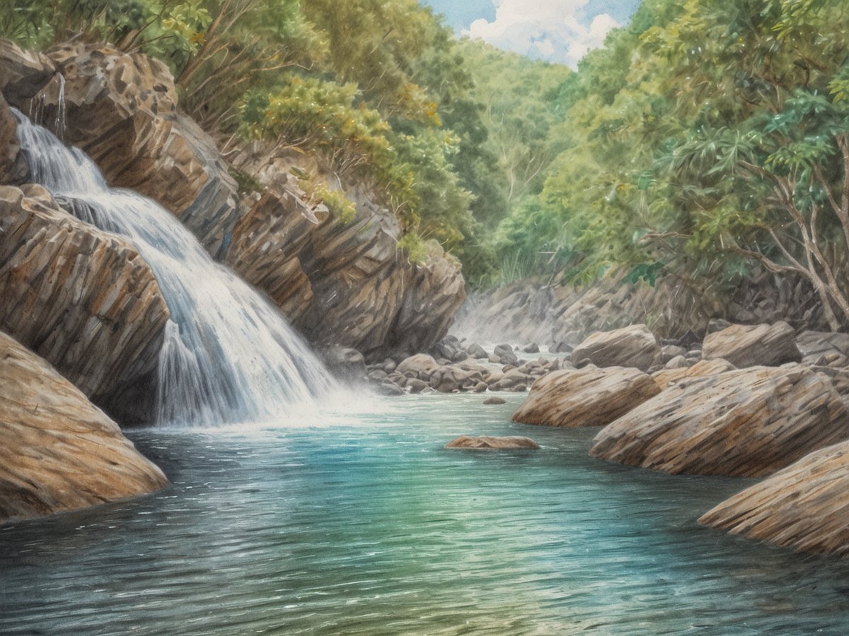 Ein idyllischer Wasserfall fließt sanft über große, glatte Felsen in ein ruhiges, türkis-blaues Gewässer. Die Umgebung ist üppig bewachsen mit grünen Bäumen und Sträuchern, die eine friedliche Atmosphäre schaffen. Im Hintergrund sind weitere Felsen und der Flussverlauf sichtbar, während der Himmel teilweise bewölkt ist. Das Bild vermittelt eine entspannende und naturnahe Stimmung.