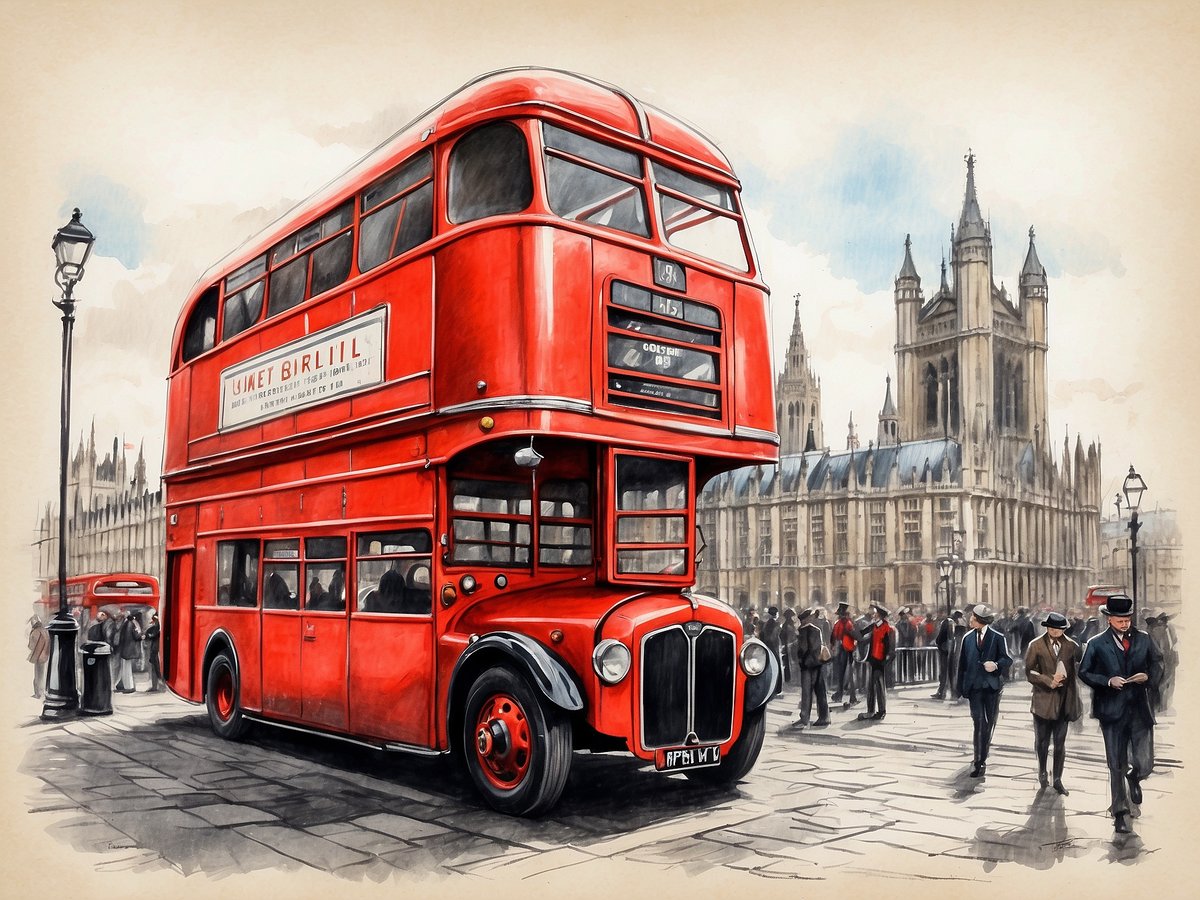 Ein roter Londoner Doppeldeckerbus steht an einer belebten Straßenkreuzung in London. Im Hintergrund sind historische Gebäude mit markanten Türmen zu sehen, die typisch für die Architektur der Stadt sind. Passanten in zeitgenössischer Kleidung gehen über den Bürgersteig, einige halten an, um die Szene zu betrachten. Straßenlaternen und Abfallbehälter ergänzen das städtische Bild, während der Himmel leicht bewölkt ist.