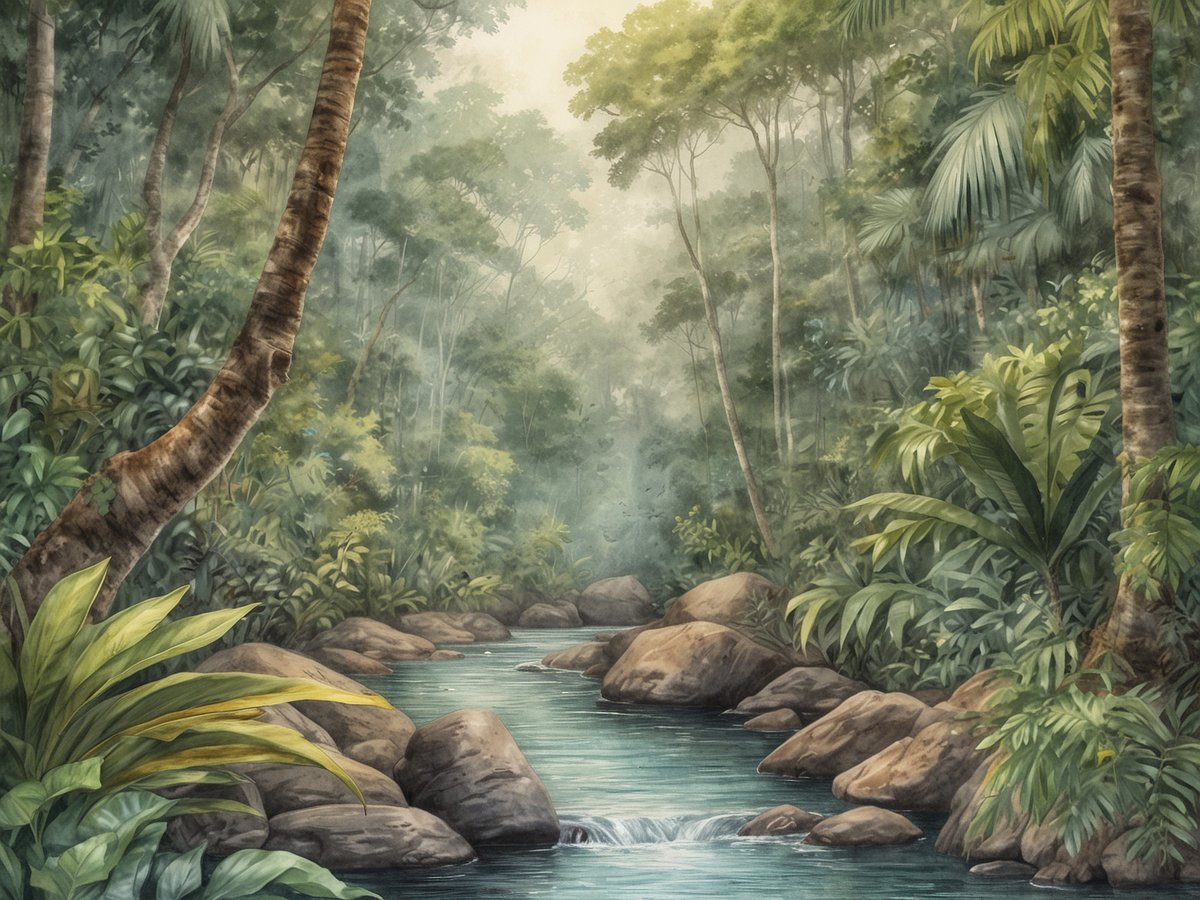 Eine friedliche Landschaft im Río Indio Maíz, die einen unberührten Regenwald voller Naturwunder zeigt. Dichte grüne Pflanzen und hohe Bäume umgeben einen klaren Bach, der sanft über runde Steine fließt. Die Stimmung ist ruhig und geheimnisvoll, das Licht scheint sanft durch das Blätterdach und schafft eine verträumte Atmosphäre.