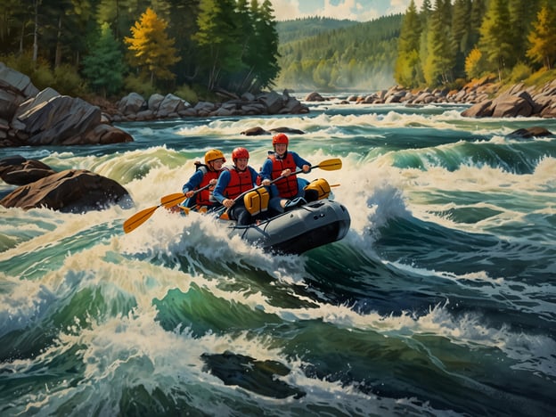 Auf dem Bild sieht man eine Gruppe von Personen, die in einem Rafting-Boot auf einem wild fließenden Fluss paddeln. Die Szenerie zeigt hohe Wellen und Felsen, umgeben von einer malerischen Natur mit Bäumen und Bergen im Hintergrund. Diese Art von Abenteuer ist typisch für die besten Rafting-Strecken, die oft in Regionen mit beeindruckenden Landschaften und aufregenden Stromschnellen zu finden sind, wie zum Beispiel im Grand Canyon oder im amerikanischen Wildwasser.