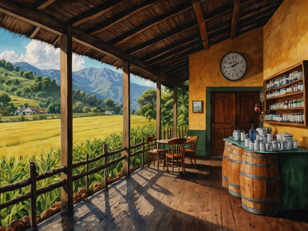 Auf dem Bild sieht man eine einladende Veranda mit Blick auf das grüne Orosi Tal, umgeben von Bergen. Im Vordergrund gibt es einen rustikalen Tisch und Stühle aus Holz sowie einen Tisch mit verschiedenen Geschirrteilen. Diese Szenerie spiegelt die traditionelle Kaffeekultur im Orosi Tal wider, wo das Anbauen und Verarbeiten von Kaffee eine wichtige Rolle spielt. Die idyllische Umgebung und die Nutzung von natürlichen Materialien zeigen die Verbundenheit der Menschen mit der Natur und ihrer Kaffeetradition.