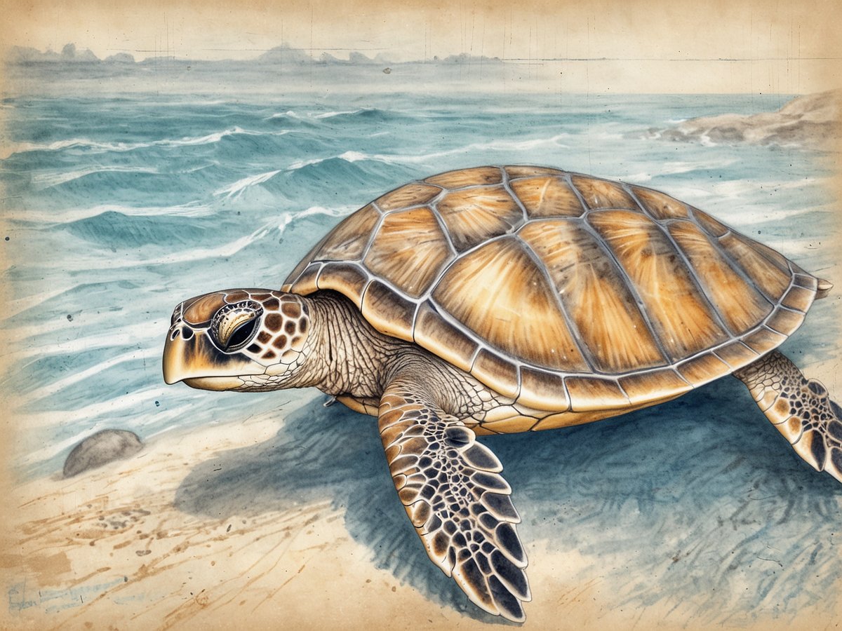 Eine Meeresschildkröte bewegt sich langsam über den Sandstrand in der Nähe des Wassers. Das Tier hat einen gewaltigen, muskulösen Panzer mit einer hellbraunen und orangefarbenen Färbung sowie markanten, dunklen Mustern auf den Flossen. Im Hintergrund erstreckt sich das Meer mit sanften Wellen und einem klaren Himmel, der die friedliche Atmosphäre unterstreicht. Die Szene vermittelt eine ruhige Naturumgebung, die ideal für den Lebensraum von Meeresschildkröten ist und badet in natürlichem Licht. Diese Darstellung könnte im Reserva Natural Padre Ramos, einem Schutzgebiet für Meeresschildkröten, verwendet werden.