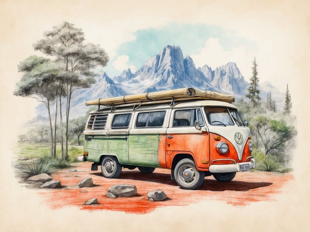 Auf dem Bild ist ein nostalgischer VW-Bus zu sehen, der in einer natürlichen Landschaft parkt, umgeben von Bäumen und Bergen. Die Darstellung vermittelt ein Gefühl von Abenteuer und Freiheit, was oft mit Naturschutz und Nachhaltigkeit assoziiert wird. Solche Fahrzeuge werden häufig genutzt, um die Natur zu erkunden und gleichzeitig umweltbewusste Praktiken zu fördern, wie Camping und nachhaltiges Reisen. Der Fokus auf die unberührte Landschaft zeigt die Schönheit der Natur, die es zu schützen gilt. Die Verbindung von Mobilität und Naturschutz wird hier auf eine ansprechende Weise symbolisiert.