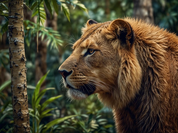 Auf dem Bild ist ein Löwe zu sehen, der majestätisch im Grünen steht. Entdecke die einzigartige Flora und Fauna dieser Umgebung, die den Löwen in seinem natürlichen Lebensraum umgibt. Die dichten Pflanzen und Bäume schaffen eine spannende Kulisse für dieses beeindruckende Tier.