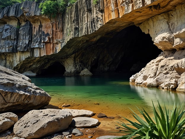 Auf dem Bild sind die beeindruckenden Kalksteinhöhlen und das klare Wasser zu sehen, die charakteristisch für die Wunder des Barra Honda Nationalparks in Costa Rica sind. Dieses Gebiet ist bekannt für seine faszinierenden Tropfsteinhöhlen und die atemberaubende Landschaft, die von dramatischen Felsformationen und einer vielfältigen Flora und Fauna geprägt ist. Die Farben des Wassers, das von tiefem Blau bis zu schimmerndem Grün reicht, schaffen eine malerische Kulisse, die die natürliche Schönheit des Parks unterstreicht.