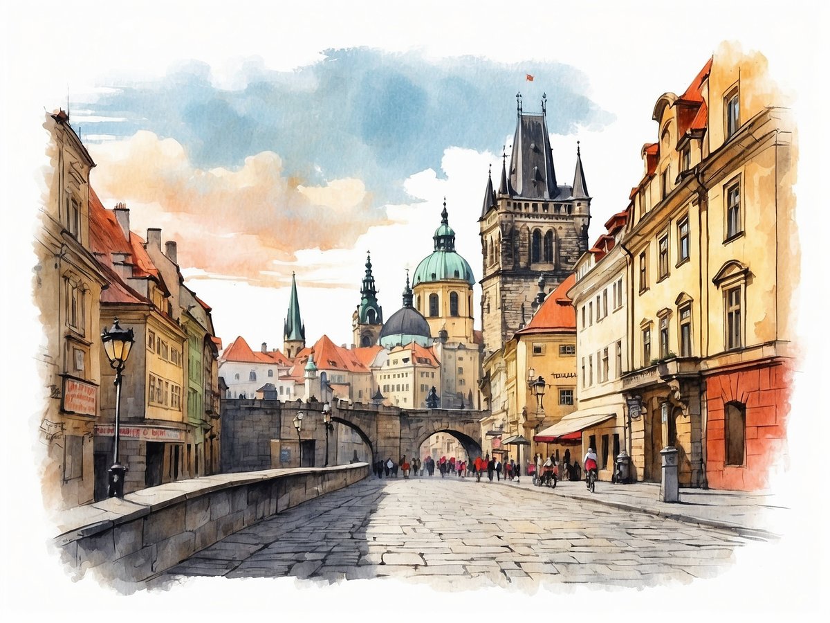 Eine malerische Straße in Prag mit historischen Gebäuden und roten Dächern. Im Hintergrund sind markante Türme und Kuppeln zu sehen, darunter eine grüne Kuppel und eine steinerne Brücke. Der Himmel ist blau mit sanften Wolken, und auf der Straße sind Menschen unterwegs, einige gehen zu Fuß, andere auf Fahrrädern. Laternen säumen die Straße und tragen zur charmanten Atmosphäre bei.