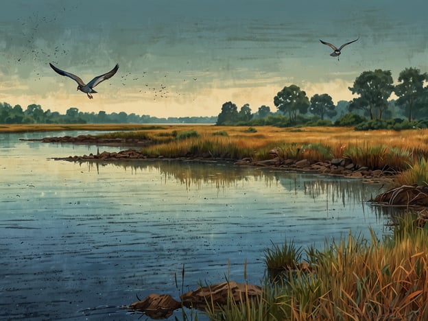 Auf dem Bild ist eine ruhige Wasserlandschaft mit einem See oder Fluss zu sehen, umgeben von üppigem Grün und hohem Gras. Zwei Vögel fliegen über das Wasser, was auf eine aktive Tierwelt hindeutet.

Für Vogelbeobachtungen sind solche Landschaften ideal, insbesondere in Gebieten wie:

1. **Nationalparks** - Viele Nationalparks bieten geschützte Lebensräume für Vögel.
2. **Feuchtgebiete** - Diese sind wichtig für viele Arten, die hier nisten oder rasten.
3. **Uferregionen** - Flüsse und Seen sind oft Hotspots für Wasservögel und Zugvögel.
4. **Naturschutzgebiete** - Diese Orte sind speziell für den Schutz von Vögeln und ihrer Lebensräume eingerichtet.

Eine solche Umgebung wie auf dem Bild ist perfekt, um verschiedene Vogelarten zu beobachten.