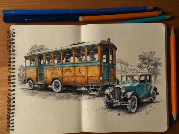 Auf dem Bild sieht man eine Zeichnung eines alten Busses und eines klassischen Autos. Der Bus hat eine orange-braune Farbe und erinnert an die Transportmittel früherer Jahrzehnte. Es sind einige Personen im Bus zu sehen, die aufmerksam nach draußen schauen. Das Auto daneben ist ebenfalls im nostalgischen Stil gehalten, mit einer blauen und schwarzen Farbe.

**Praktische Informationen für deinen Besuch:**
- Wenn du eine ähnliche historische Stadt besuchen möchtest, suche nach Museen oder Ausstellungen, die sich mit dem Transportwesen der Vergangenheit befassen.
- Achte darauf, ob es Führungen gibt, die dir mehr über die Geschichte dieser Fahrzeuge vermitteln.
- Überlege, ob spezielle Veranstaltungen oder Oldtimer-Rallyes stattfinden, um ähnliche Fahrzeuge in Aktion zu sehen.
- Vergiss nicht, deine Kamera mitzunehmen, um schöne Erinnerungen festzuhalten.