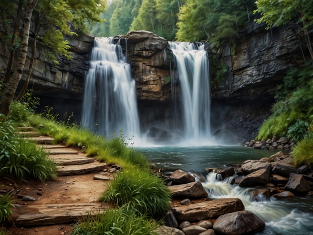 Auf dem Bild ist ein wunderschöner Wasserfall zu sehen, der in ein ruhiges Gewässer fließt. Rund um den Wasserfall könnten verschiedene Aktivitäten stattfinden:

1. **Wandern**: Der Pfad führt entlang des Wassers und bietet eine perfekte Gelegenheit für einen Spaziergang in der Natur.
2. **Schwimmen**: Das klare Wasser lädt dazu ein, sich zu erfrischen und eventuell ein Bad zu nehmen.
3. **Picknicken**: In der malerischen Umgebung könnte man gemütlich mit Freunden oder Familie picknicken.
4. **Fotografieren**: Die beeindruckende Landschaft und der Wasserfall bieten zahlreiche Motive für Fotografen.
5. **Vogelbeobachtung**: Die Umgebung könnte viele Vogelarten anziehen, ideal für Vogelbeobachter.
6. **Entspannen**: Einfach nur am Ufer sitzen und die Natur genießen. 

Diese Aktivitäten machen den Ort denkbar für einen gelungenen Tag in der Natur.