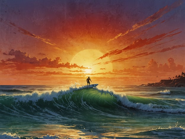 Auf dem Bild ist ein Surfer zu sehen, der auf einer Welle rittt, während die Sonne am Horizont aufgeht und den Himmel in warmen Farben erleuchtet. Dieses Szenario ist die perfekte Destination für Surf- und Sonnenliebhaber.