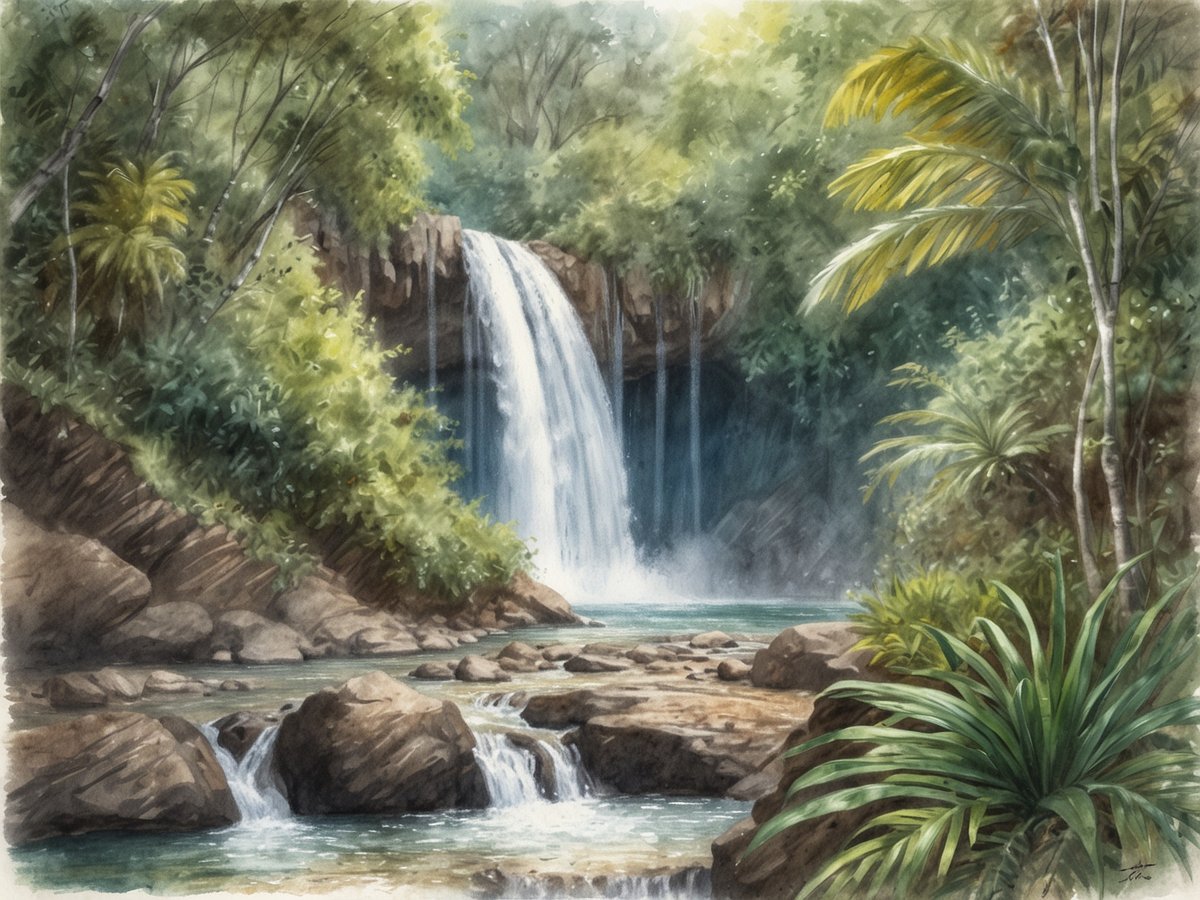 Malerischer Wasserfall inmitten grüner Natur, umgeben von dichten Bäumen und üppigen Pflanzen. Das Wasser stürzt sanft über einen felsigen Hang und bildet einen klaren, ruhigen Pool am Fuß des Wasserfalls. Schimmernde Steine liegen am Ufer, während das Wasser sanft über die Felsen fließt. Die gesamte Szene strahlt eine friedliche und entspannende Atmosphäre aus.