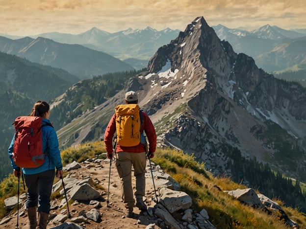 Auf dem Bild sind zwei Wanderer zu sehen, die den Aufstieg zum Gipfel einer beeindruckenden Berglandschaft machen. Die Wanderer tragen große Rucksäcke und nutzen Wanderstöcke, während sie auf einem schmalen Pfad entlang schreiten. Hinter ihnen erhebt sich ein markanter Gipfel, umgeben von einer weiten Aussicht auf die umliegenden Berge und Täler. Die Szene vermittelt ein Gefühl von Abenteuer und Naturverbundenheit.