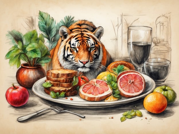 Auf dem Bild ist ein Tiger zu sehen, der vor einem opulenten Teller mit kulinarischen Genüssen sitzt. Die Präsentation umfasst Brot, verschiedene Früchte wie Äpfel, Zitrusfrüchte und andere Leckereien, die kunstvoll angerichtet sind. Im Hintergrund gibt es Pflanzen und Getränke, die ein einladendes Ambiente schaffen, das an ein besonderes Essen im Zoo erinnert. Insgesamt vermittelt das Bild eine harmonische Verbindung zwischen Tier und Genuss.