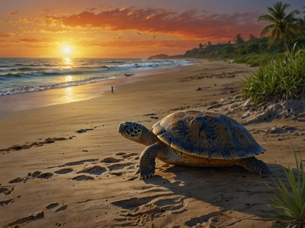 Auf dem Bild ist eine Schildkröte zu sehen, die am Strand von Playa Grande entlangkriecht. Im Hintergrund erstrahlt die Sonne am Horizont, während die Wellen sanft an den Strand schlagen. Playa Grande ist ein beliebter Hotspot für Schildkrötenbeobachtungen, wo Besucher die Tiere in ihrer natürlichen Umgebung erleben können. Der Strand ist von Palmen und Gras gesäumt, was eine idyllische Kulisse für diese Szene schafft.