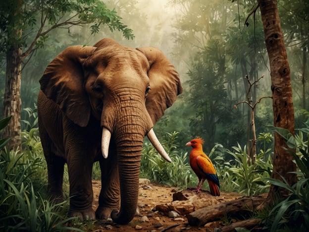 Auf dem Bild sind ein Elefant und ein bunter Vogel in einer üppigen, grünen Umgebung zu sehen. Diese Szene verkörpert wilde Begegnungen und ist ein Beispiel für die faszinierende Tierwelt, die in Naturreservaten oder Nationalparks beobachtet werden kann. Der nachhaltige Tourismus spielt hierbei eine entscheidende Rolle, da er dazu beiträgt, diese Lebensräume zu schützen und gleichzeitig Reisenden die Möglichkeit bietet, die Schönheit der Natur und die Vielfalt der Tierarten hautnah zu erleben. Durch verantwortungsbewusstes Reisen wird nicht nur die Erhaltung dieser wunderbaren Tiere gefördert, sondern auch deren Lebensraum gesichert.