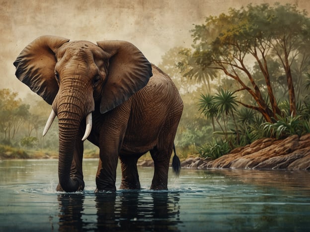 Auf dem Bild ist ein majestätischer Elefant zu sehen, der im Wasser steht. Um ihn herum gibt es eine üppige, grüne Landschaft mit Bäumen und Pflanzen. Entdecke die faszinierende Tierwelt: Elefanten sind nicht nur für ihre Intelligenz und Sozialverhalten bekannt, sondern auch für ihre beeindruckende Größe und besonderen Eigenschaften, wie das lange Rüssel und die prächtigen Ohren.