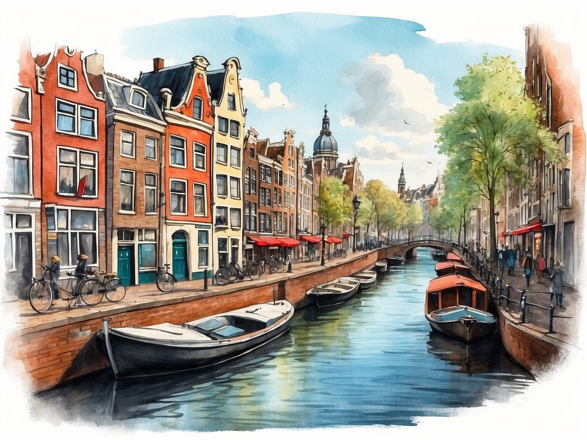 Eine malerische Ansicht eines Kanals in Amsterdam, umgeben von traditionellen, farbenfrohen Häusern mit spitzen Dächern. An den Ufern stehen Bäume und entlang des Wassers sind mehrere Boote angelegt. Radfahrer und Spaziergänger beleben die Uferpromenade, während Cafés mit roten Sonnenschirmen im Vordergrund einladend wirken. Der Himmel ist mit sanften Wolken verziert, was der Szene eine ruhige Atmosphäre verleiht.