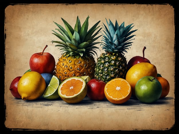 Auf dem Bild sind verschiedene Früchte zu sehen, die ein farbenfrohes und einladendes Arrangement bilden. Darunter befinden sich Ananas, Äpfel, Limonen, Orangen, eine Zitrone, und mehrere andere Früchte. Diese Vielfalt an frischem Obst erinnert an ein paradiesisches Essen und Trinken, in dem die Süße und Frische der Natur in vollen Zügen genossen werden kann. Solch ein Anblick weckt den Appetit auf gesunde Leckereien und lädt zu einem fröhlichen Genuss im Einklang mit der Natur ein.