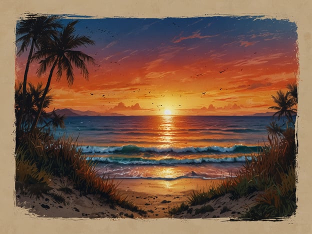 Auf dem Bild ist eine malerische Küstenlandschaft zu sehen, die den Zauber von Puntarenas widerspiegelt. Der Sonnenuntergang taucht den Himmel in leuchtende Farben von Orange und Blau, während die sanften Wellen des Meeres sanft an den Strand plätschern. Palmen rahmen das Bild ein und verleihen der Szene ein tropisches Flair. Es ist ein friedlicher Moment der Natur, der zum Träumen einlädt.