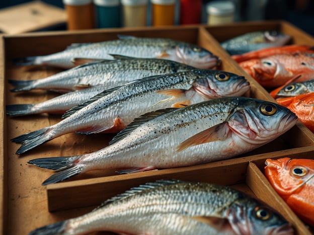 Auf dem Bild sind frische Fische direkt vom Markt zu sehen. Sie liegen auf einem Tablett, ordentlich nebeneinander angeordnet. Die Fische haben glänzende, schillernde Schuppen und sind in verschiedenen Farben, darunter auch einige in leuchtendem Orange.