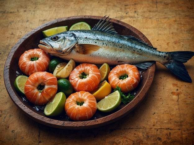 Auf dem Bild ist ein kulinarisches Arrangement zu sehen, das frischen Fisch, wahrscheinlich aus der Region Puntarenas, und Garnelen zeigt, umgeben von Limetten und Zitronen. Diese Zubereitung spiegelt die reichhaltige Meereskulinarik von Puntarenas wider, wo frische Meeresfrüchte wie gegrillter Fisch und Garnelen oft in köstlichen Gerichten serviert werden. Die Verwendung von frischen Zitrusfrüchten ergänzt die Aromen und sorgt für einen erfrischenden Geschmack, der typisch für die karibische und pazifische Küche Costa Ricas ist.