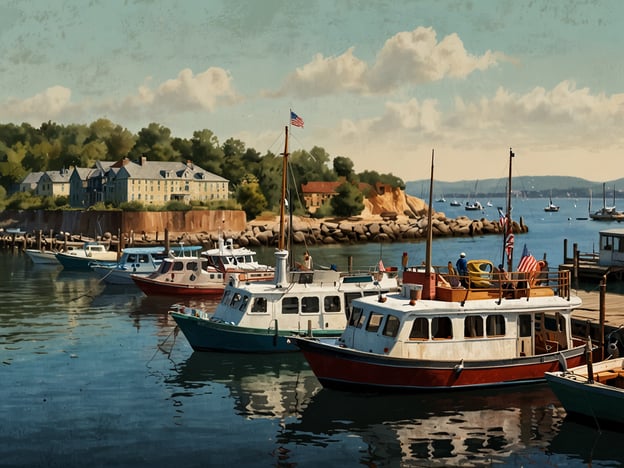 Auf dem Bild ist ein malerischer Hafen zu sehen. Mehrere Boote liegen an einem Steg, einige sind mit amerikanischen Flaggen geschmückt. An den Booten sind Menschen beschäftigt, vielleicht beim Ein- und Ausladen von Fracht oder beim Vorbereiten des nächsten Ausflugs. Im Hintergrund erkennt man ein schönes Gebäude, das möglicherweise ein Restaurant oder ein Hotel sein könnte, sowie eine felsige Küste mit viel Grün. Die ruhige Wasseroberfläche spiegelt die Szenerie wider und schafft eine entspannte Atmosphere. Man könnte hier Aktivitäten wie Bootsfahrten, Angeln oder einfaches Entspannen am Wasser genießen.