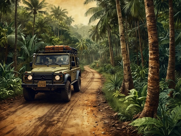 Auf dem Bild ist ein Jeep zu sehen, der auf einem schmalen, staubigen Weg durch einen dichten Dschungel fährt. Umgeben von hohen Palmen und üppigen Pflanzen vermittelt die Szene ein Gefühl von Abenteuer und Erkundung. 

Wenn wir unsere Dschungel-Expedition planen, sollten wir folgende Punkte beachten:

1. **Fahrzeugwahl**: Ein robustes Fahrzeug wie der abgebildete Jeep ist ideal für unwegsames Gelände.
2. **Versorgung**: Die Dachgepäckträger zeigen, dass wir genügend Vorräte und Ausrüstung mitnehmen müssen.
3. **Navigation**: Es ist wichtig, eine gute Karte und eventuell GPS-Geräte zu nutzen, um uns im dichten Dschungel zu orientieren.
4. **Sicherheit**: Bevor wir aufbrechen, sollten wir Sicherheitsvorkehrungen treffen und die Umgebung beobachten.
5. **Naturerkundung**: Die Vielfalt an Pflanzen und eventuell Sichtungen von Tieren sollten wir dokumentieren, um unsere Reise zu bereichern.

Mit dieser Planung sind wir gut vorbereitet für unser Abenteuer!