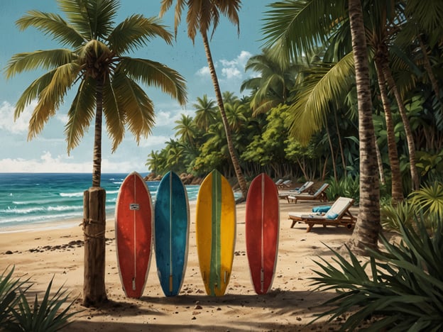 Auf dem Bild sieht man einen wunderschönen Strand in Montezuma, umgeben von hohen Palmen und üppigem Grün. Im Vordergrund stehen vier farbige Surfbretter – rot, blau, gelb und orange – die an einem Pfahl lehnen. Im Hintergrund glänzt das azurblaue Wasser und sanfte Wellen umspielen den Strand. Es herrscht eine entspannte, sonnige Atmosphäre, die zum Relaxen und Surfen einlädt. Liegestühle stehen bereit, um die Ruhe und den Ausblick zu genießen. Der perfekte Ort für ein entspanntes Lebensgefühl!