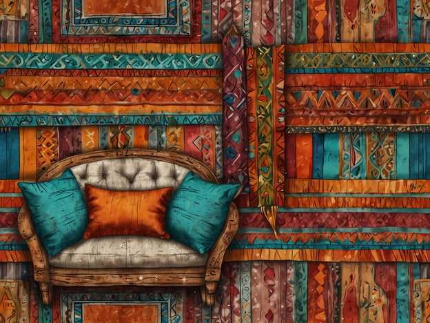 Auf dem Bild ist ein gemütliches Sofa im Boho-Stil zu sehen, das von bunten, gemusterten Wänden umgeben ist. Die Wände sind in lebhaften Farben gehalten, mit verschiedenen geometrischen und ethnischen Mustern. Das Sofa hat eine helle Polsterung und wird von bunten Kissen, in Blau und Orange, geschmückt. Die gesamte Atmosphäre wirkt einladend und kreativ, perfekt für eine entspannende Übernachtung im Boho-Stil.