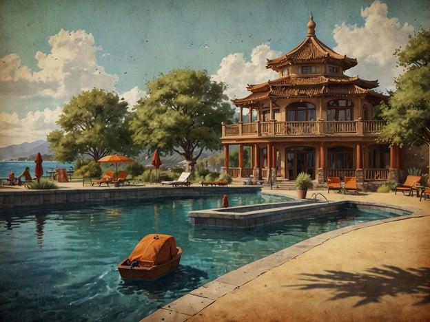 Auf dem Bild ist ein wunderschönes, asiatisch inspiriertes Haus am Wasser zu sehen, umgeben von einem Pool und einer entspannenden Landschaft mit Bäumen und Liegestühlen.

Hier sind einige Tipps für einen entspannten Familienurlaub:

1. **Wählt eine kinderfreundliche Unterkunft**: Achte darauf, dass die Unterkunft genügend Platz bietet und kinderfreundliche Annehmlichkeiten hat, wie z.B. einen Pool oder Spielplätze.

2. **Planung von gemeinsamen Aktivitäten**: Integriert Aktivitäten, die für alle Familienmitglieder interessant sind, wie gemeinsame Ausflüge oder Spiele.

3. **Entspannungszeiten einplanen**: Stellt sicher, dass genügend Zeit für Erholung und Entspannung eingeplant ist, um Stress zu vermeiden.

4. **Kulinarische Erlebnisse**: Probiert lokale Küchen aus, vielleicht auch gemeinsam beim Kochen oder beim Besuch von Märkten.

5. **Natur erleben**: Genießt die Natur durch Spaziergänge oder Bootsfahrten, was zu einer guten Stimmung und familiären Bindungen beiträgt.

6. **Technologiefreie Zeiten**: Legt Zeiten fest, in denen Smartphones und Tablets beiseitegelegt werden, um die gemeinsame Zeit zu fokussieren.

7. **Flexibilität**: Seid bereit, die Pläne anzupassen, falls die Kinder müde sind oder etwas anderes im Sinn haben.

Mit diesen Tipps wird euer Familienurlaub sicher entspannt und unvergesslich!