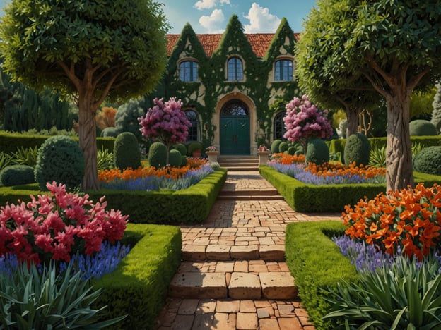 Auf dem Bild ist eine wunderschöne Gartenlandschaft zu sehen, die von üppigem Grün und bunten Blumen geprägt ist. Der Garten ist sorgfältig angelegt und zeigt ein harmonisches Design mit verschiedenen Hecken und Sträuchern. Im Hintergrund steht ein charmantes Haus, das von einer grünen Kletterpflanze umgeben ist. Dies erinnert an die Gartenkunst von Zarcero, die für ihre kunstvoll gestalteten Gärten und lebendigen Farben bekannt ist. Der Weg aus Steinen führt durch die gepflegte Anlage, die eine einladende Atmosphäre schafft.