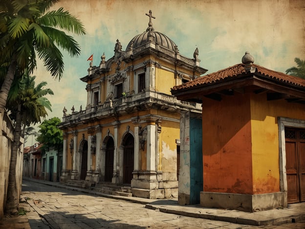 Auf dem Bild sieht man eine historische Gebäudeansicht, die von kolonialem Einfluss geprägt ist. Die Architektur könnte typisch für Altstadtgebäude in San Salvador sein, das eine spannende Geschichte hat.

San Salvador, die Hauptstadt El Salvadors, wurde 1525 von Spaniern gegründet und gilt als eine der ältesten Städte in Mittelamerika. Die Stadt hat im Laufe der Jahrhunderte viele Veränderungen erlebt, insbesondere während der Kolonialzeit, die die Entwicklung ihrer Architektur und Kultur stark beeinflusste.

Die dargestellten Gebäude könnten Stilelemente vom Barock oder der Neoklassik aufweisen, die während der kolonialen Ära beliebt waren. Die bunten Wände und die venezianischen Fenster sind ebenfalls charakteristisch für die Region und tragen zur charmanten Atmosphäre vieler historischer Viertel bei.

San Salvador hat durch Erdbeben und Kriege erhebliche Zerstörungen erlebt, aber viele der ursprünglichen kolonialen Strukturen sind erhalten geblieben und geben Einblicke in die reichhaltige Geschichte der Stadt.