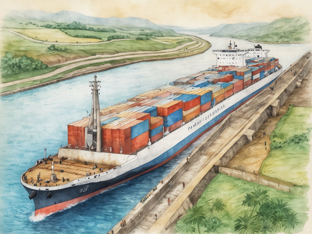 Ein großer Containerschiff fährt durch den Panamakanal, umgeben von grünen Hügeln und fruchtbaren Landschaften. Das Schiff ist mit bunten Containern beladen und nähert sich einer steinernen Uferlinie, entlang der Menschen zu sehen sind, die die Szenerie beobachten. Der Kanal zeigt klar das Ingenieurskunstwerk und die strategische Bedeutung dieser Wasserstraße für den internationalen Handel.