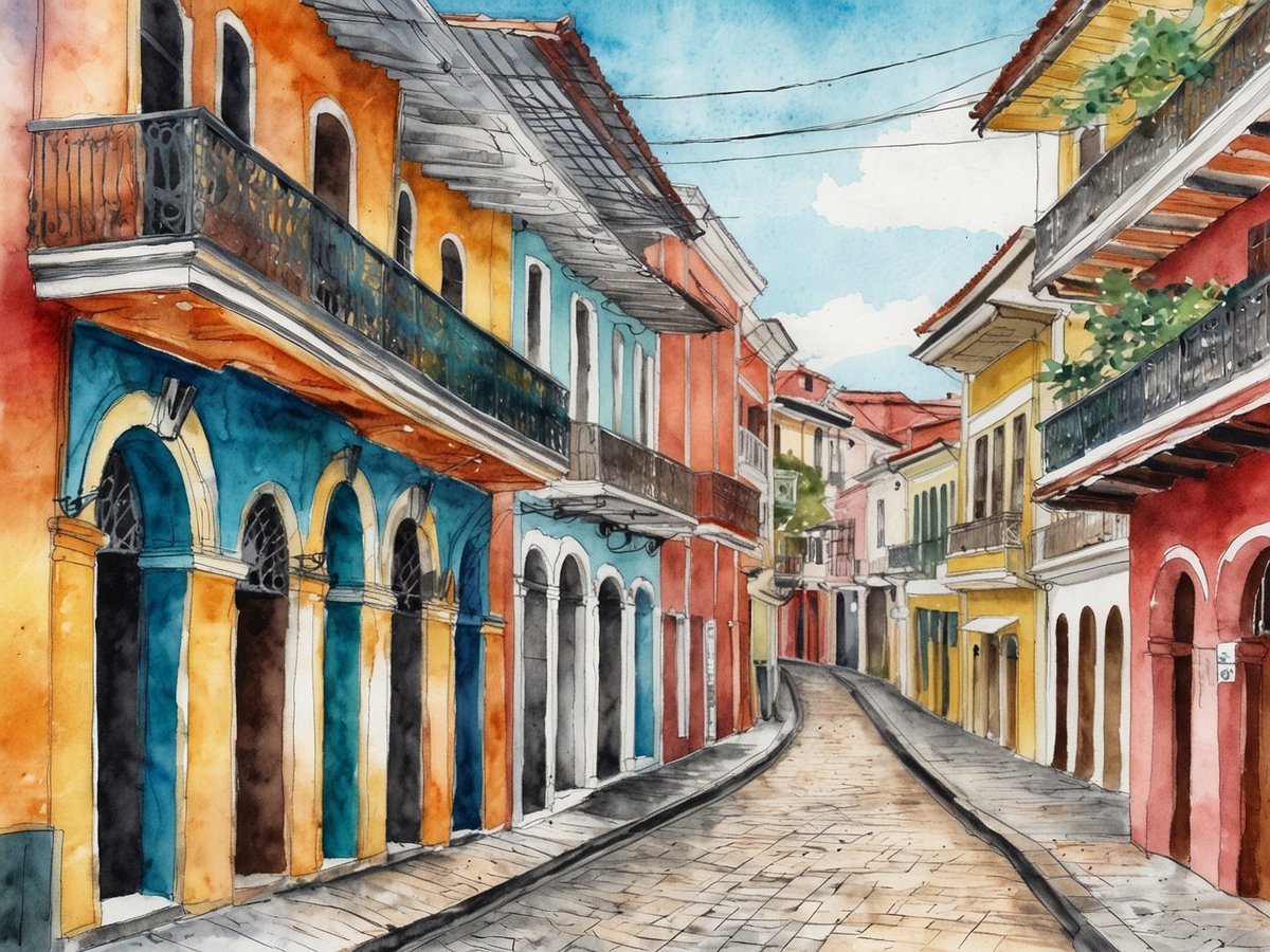 Eine malerische Straßenansicht von Casco Viejo in Panama-Stadt, die farbenfrohe koloniale Architektur zeigt. Die Straßen sind gepflastert und flankiert von historischen Gebäuden mit Balkonen aus Schmiedeeisen und bunten Fassaden in Orange, Blau, Rot und Gelb. Der strahlend blaue Himmel ergänzt die lebendige Szenerie, während die sanfte Kurve der Straße den Blick in die Tiefe des Viertels lenkt.