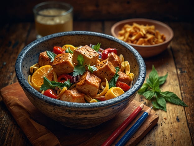 Auf dem Bild ist eine ansprechend präsentierte Schüssel mit einem bunten Nudelgericht zu sehen. Die Hauptzutaten scheinen Tofu, frisches Gemüse wie Paprika und einige Kräuter zu sein, verfeinert mit Zitronenscheiben, die für einen frischen Geschmack sorgen. Dazu gibt es eine kleine Schale mit Snacks im Hintergrund. 

Die Szene strahlt eine gemütliche Atmosphäre aus und vermittelt den Eindruck, dass man hier die lokale Kultur durch köstliche, gesunde Speisen erleben kann. Die rustikale Holzoberfläche und die geschmackvollen Farben der Zutaten laden dazu ein, die Aromen der Tradition zu entdecken.