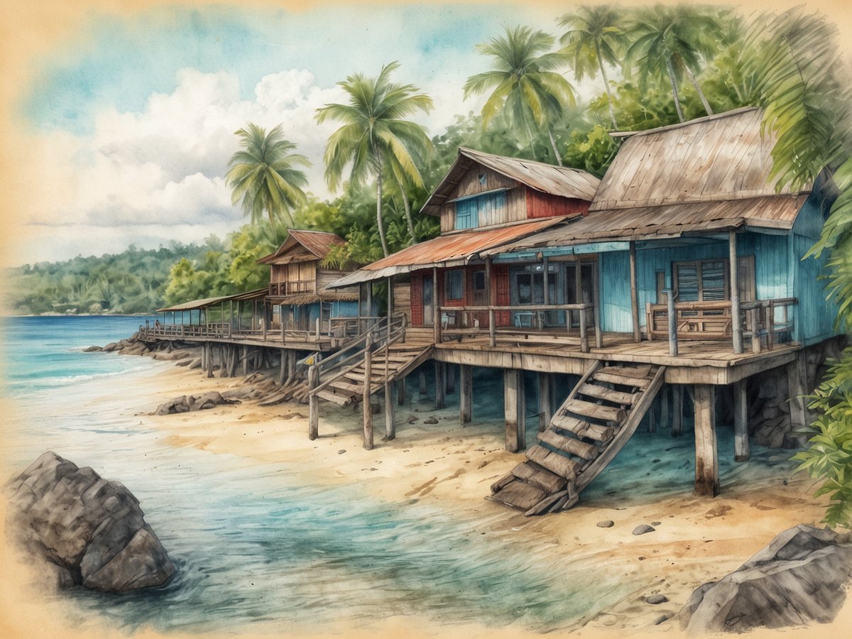 Traumhafte Strände und Korallenriffe im karibischen Paradies Bocas del Toro sind zu sehen. Am Ufer stehen mehrere Holzbungalows auf Stelzen, umgeben von grünem Palmenwald. Der sanfte Sandstrand erstreckt sich entlang einer ruhigen, glitzernden Wasseroberfläche. Über das Wasser führen Holzstege, die den Bungalows verbinden, während im Hintergrund eine hügelige Landschaft mit üppigem Grün sichtbar ist. Der Himmel ist teils bewölkt, was eine entspannte und einladende Atmosphäre schafft.