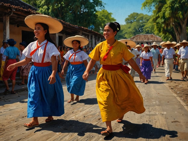 Auf dem Bild sind Frauen in traditioneller Kleidung zu sehen, die fröhlich durch eine Straße laufen. Die Teilnehmerinnen tragen bunte Kleider und große Hüte, was auf ein festliches Ereignis oder einen kulturellen Umzug hinweist. 

Solche Szenen sind oft Teil von Festlichkeiten in verschiedenen Regionen, wo lokale Traditionen, Tänze und Bräuche gefeiert werden. Diese Art von Kostümierung könnte auf Feste wie Erntedank, Volksfeste oder andere kulturelle Ereignisse hinweisen, die das Gemeinschaftsgefühl stärken und die Traditionen der Region lebendig halten. 

Kulturelle Highlights könnten auch Folklore-Tänze oder lokale Kunsthandwerke sein, die oft während solcher Feiern präsentiert werden. Lokale Speisen und Musik sind ebenfalls häufige Bestandteile dieser Feierlichkeiten, die die Identität und das Erbe einer Gemeinschaft zelebrieren.