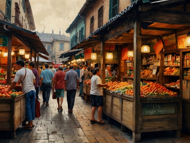 Auf dem Bild ist ein lebhafter Markt zu sehen, der ein Fest für die Sinne darstellt. Die bunten Stände sind reich gefüllt mit frischem Obst und Gemüse, und die warmen Lichter verleihen der Szenerie eine gemütliche Atmosphäre. Menschen schlendern durch die Gassen, betrachten die Waren und genießen die lebendige Interaktion. Die Vielfalt der Farben und die geschäftige Stimmung machen diesen Markt zu einem Ort voller Leben und Energie.