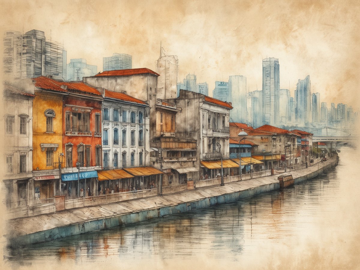 Das Bild zeigt eine malerische Szenerie am Ufer eines Gewässers in Panama-Stadt, wo moderne Hochhäuser im Hintergrund auf historische, farbenfrohe Gebäude im Vordergrund treffen. Die Architektur der älteren Häuser spiegelt den kolonialen Stil wider, während die Wolkenkratzer im Hintergrund die moderne Entwicklung der Stadt repräsentieren. Entlang der Uferpromenade gibt es schattige Cafés und Bäume, die zur einladenden Atmosphäre beitragen. Die ruhige Wasseroberfläche reflektiert die umliegenden Strukturen und verleiht dem Bild eine friedliche Stimmung.