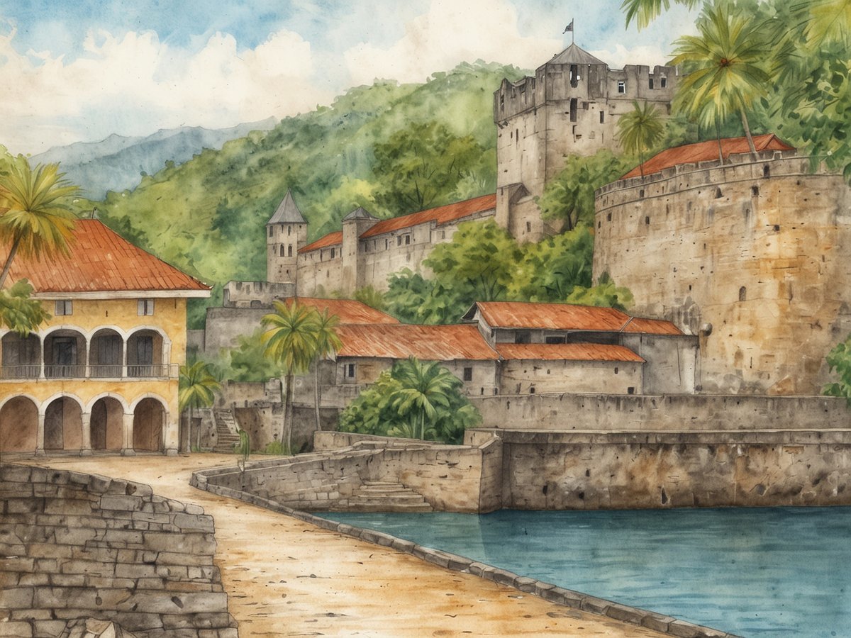 Die Darstellung zeigt die historische Festungsstadt Portobelo an der Karibikküste. Im Vordergrund verläuft ein gepflasterter Weg entlang des Wassers, flankiert von einer alten Steinmauer. Auf der linken Seite steht ein gelbes Gebäude mit einem roten Dach und Balkonen, geschmückt von kleinen Palmen. Im Hintergrund erheben sich majestätische Festungsmauern und Türme, umgeben von üppigem Grün. Der Himmel ist hell und klar, was dem Bild eine friedliche Atmosphäre verleiht.