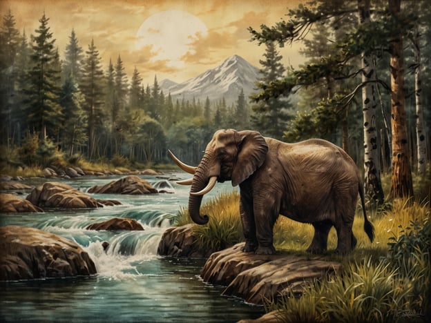 Auf dem Bild ist ein majestätischer Elefant zu sehen, der an einem klaren Fluss steht, umgeben von einer idyllischen Landschaft mit Bergen, Bäumen und sanften Sonnenstrahlen. Hier erlebt man ein einzigartiges Naturparadies, das die Schönheit der Wildnis widerspiegelt.