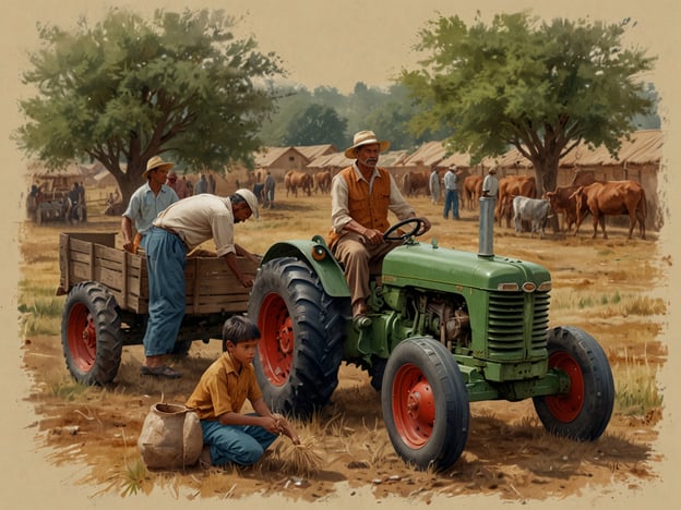 Auf dem Bild sind Szenen aus dem Alltagsleben der Bewohner von Joya de Cerén dargestellt. Es zeigt eine ländliche Umgebung, in der Menschen mit landwirtschaftlichen Arbeiten beschäftigt sind. Ein Bauer sitzt auf einem grünen Traktor, der mit einem Holzanhänger verbunden ist. Daneben arbeiten weitere Männer, während ein Junge mit einem Behälter auf dem Boden sitzt. Im Hintergrund sind Kühe und einfache Unterkünfte zu sehen, die ein typisches Bild des Lebens in dieser historischen maya-Siedlung darstellen. Die Dorfbewohner scheinen aktiv in die Landwirtschaft integriert zu sein, was auf die Bedeutung der Agrarwirtschaft für ihre Gemeinschaft hinweist.