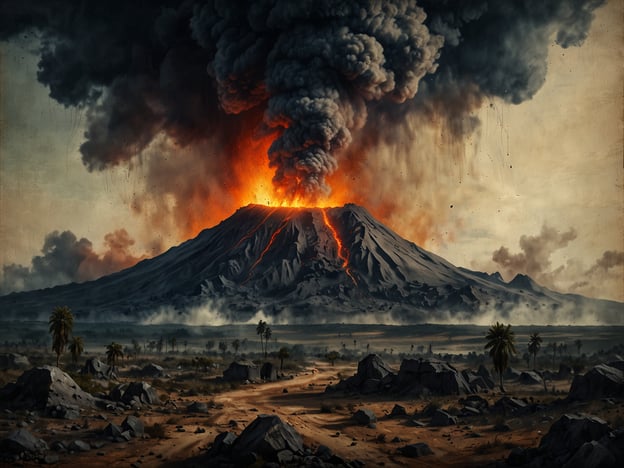 Das Bild zeigt die Zerstörung durch einen Vulkan, der heftig ausbricht. Man sieht eine massive Eruption mit glühender Lava, die den Vulkan hinunterströmt, sowie dichte Rauchschwaden, die in den Himmel aufsteigen. Diese Art von vulkanischer Aktivität kann verheerende Folgen für die Umgebung haben, einschließlich der Zerstörung von Vegetation, der Vertreibung von Tieren und Menschen sowie der Verschmutzung der Luft und des Wassers. Die Landschaft ist überwältigt von Gesteinsbrocken und Asche, was die lebensfeindlichen Bedingungen unterstreicht, die nach einem Vulkanausbruch entstehen können.