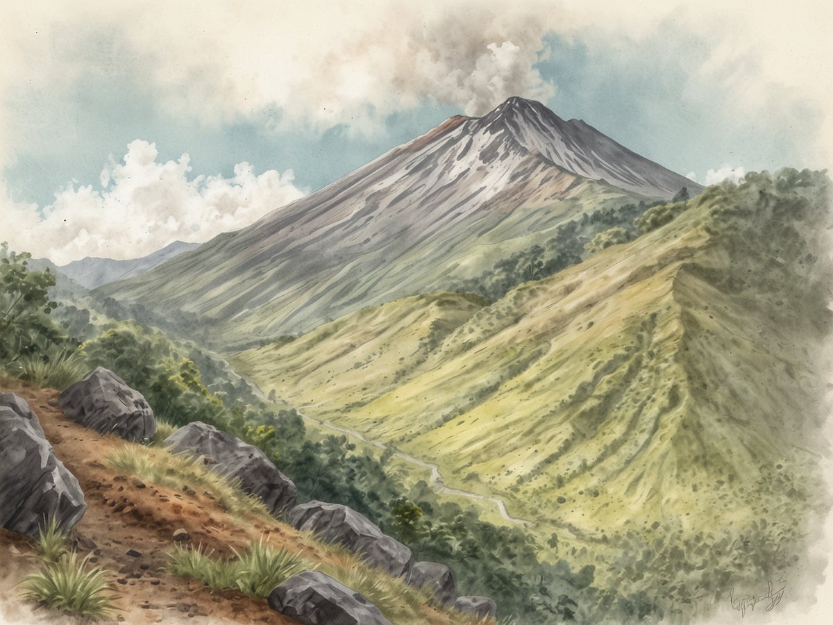 Ein beeindruckender Blick auf den Volcán Barú, den höchsten Vulkan Panamas. Die Berglandschaft zeigt sanfte Hügel und steile Hänge, umgeben von üppigem Grün und Bäumen. Im Hintergrund erhebt sich der Vulkan mit einer schneebedeckten Spitze und leichtem Rauch, der aus dem Krater aufsteigt. Der Himmel ist teilweise bewölkt mit einigen blauen Stellen, die eine ruhige und majestätische Atmosphäre schaffen. Der Vordergrund wird von großen Steinen und grünem Gras geprägt, was die natürliche Schönheit der Umgebung unterstreicht.