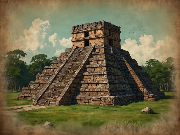 Auf dem Bild ist eine pyramidenartige Struktur zu sehen, die an die Maya-Ruinen von Tazumal erinnert. Tazumal liegt im heutigen El Salvador und war ein bedeutendes Zentrum der Maya-Kultur. Die Ruinen stammen hauptsächlich aus dem klassischen Zeitraum der Maya, etwa zwischen 100 und 900 n. Chr.

Tazumal ist bekannt für seine markanten Pyramiden und Tempel, die zu religiösen Zeremonien und als Grabstätten genutzt wurden. Die Hauptpyramide, die "Pyramide von Tazumal", weist einige bemerkenswerte architektonische Elemente auf, darunter Stufen und eine Plattform auf der Spitze, die für die Maya von großer religiöser Bedeutung waren. Während der Blütezeit war Tazumal ein wichtiges Handelszentrum und hatte enge Verbindungen zu anderen Maya-Städten.

Heute sind die Ruinen nicht nur ein faszinierendes Zeugnis der Maya-Zivilisation, sondern auch ein wichtiger Ort für archäologische Studien und Tourismus. Die monumentale Architektur und die reiche Geschichte machen Tazumal zu einem herausragenden Beispiel für das Erbe der Maya.