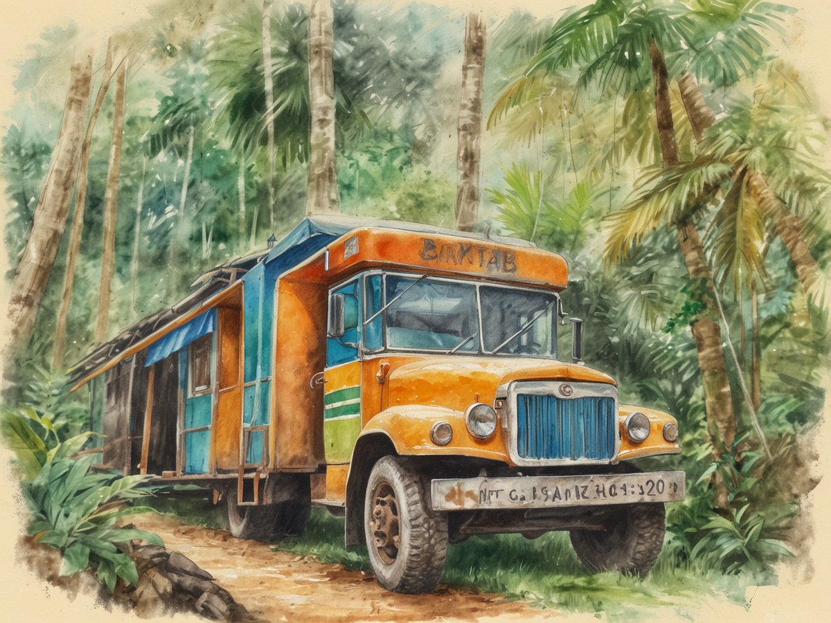 Ein buntes, altes Fahrzeug steht auf einem schmalen Pfad im Dschungel am Panamakanal. Das Auto ist orange und blau lackiert und hat eine einfache Bauweise. Umgeben von üppigem, grünem Laub und hohen Palmen strahlt die Szenerie eine tropische Atmosphäre aus. Die Natur ist lebendig, mit Schatten und Licht, die durch das Blätterdach fallen, und es wirkt so, als ob das Fahrzeug für ökotouristische Abenteuer bereitsteht.