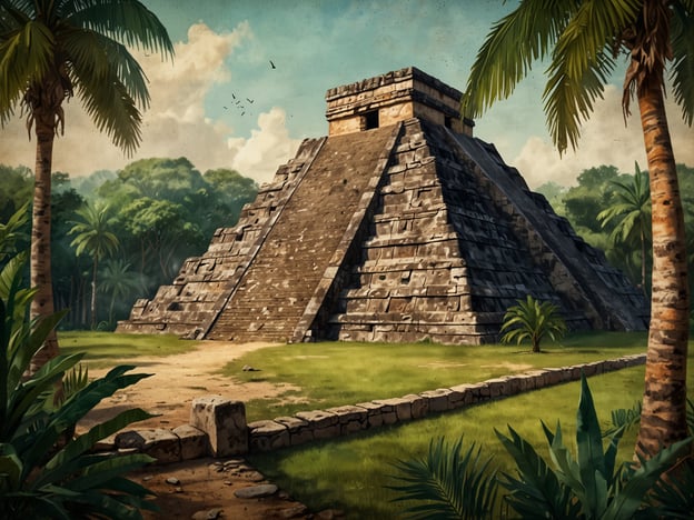 Auf dem Bild ist eine pyramidenförmige Struktur zu sehen, die typischen Merkmalen der archäologischen Stätte Tazumal in El Salvador ähnelt. Tazumal zeichnet sich durch seine terrassierte Bauweise aus, die es ermöglicht, mehrere Plattformen zu schaffen. Die Steine sind sorgfältig behauen und zeigen eine präzise Baukunst.

Eine weitere Besonderheit sind die umfangreichen Stufen, die zur Pyramide führen, was auf die religiöse Bedeutung der Struktur hinweist. Auch die Verwendung von rechteckigen Blöcken und die symmetrische Anordnung sind charakteristisch für die Maya-Architektur. Die umliegende grüne Vegetation und die Palmen geben einen Eindruck von der einstigen Umgebung der Stätte.